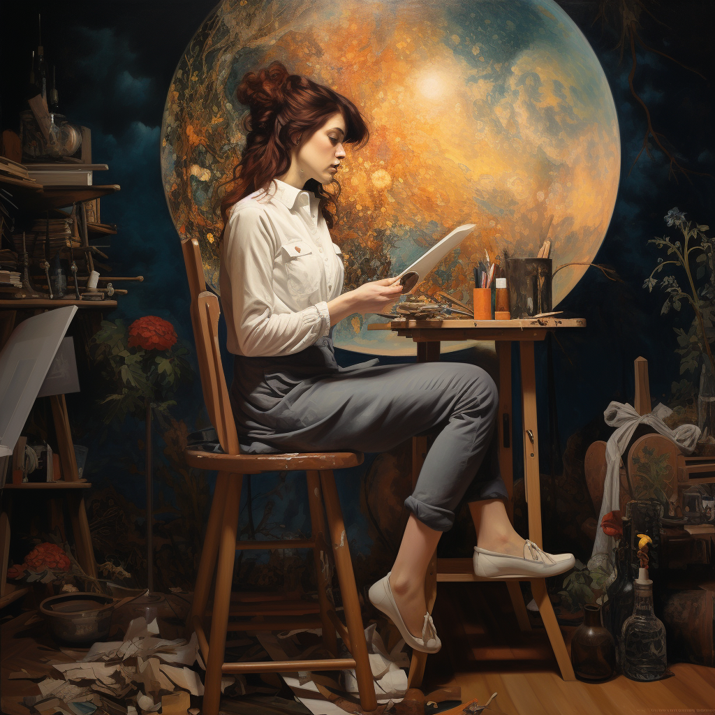 Female Artist Painting at Stool