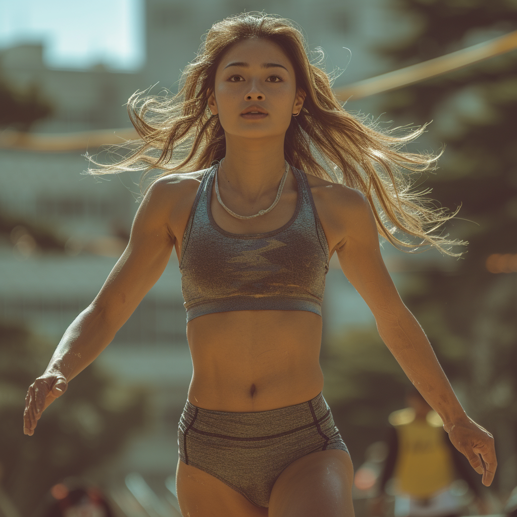 Female Asian high jumper preparing for jump