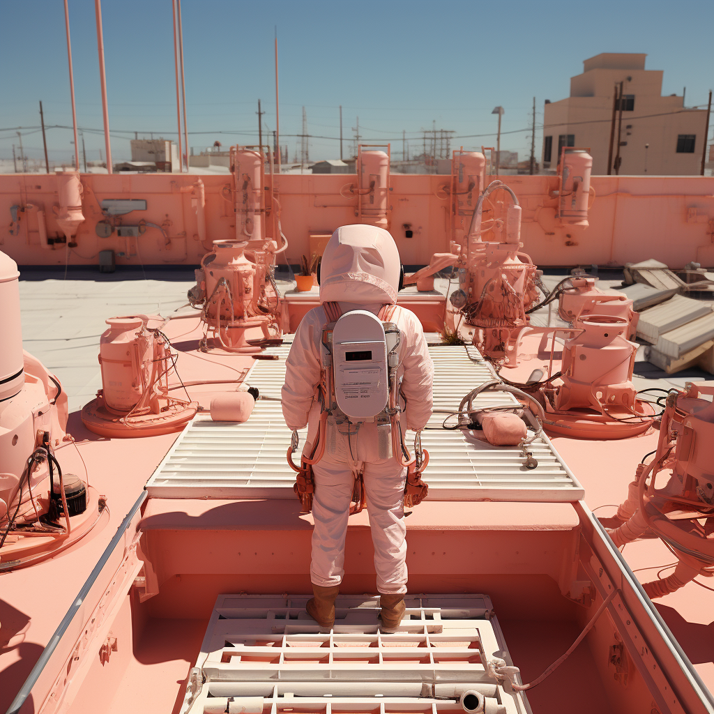 Female astronaut checking inventory on spacecraft rooftop