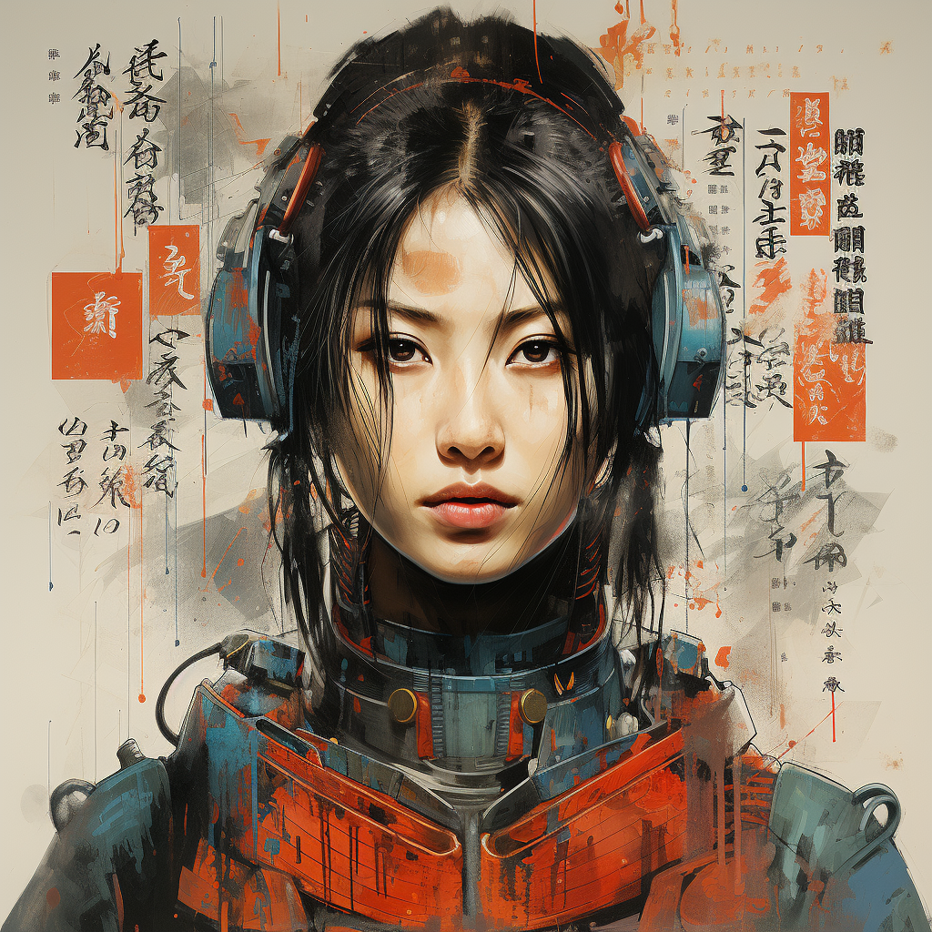 Female astronaut samurai in retrofuturistic sci-fi poster