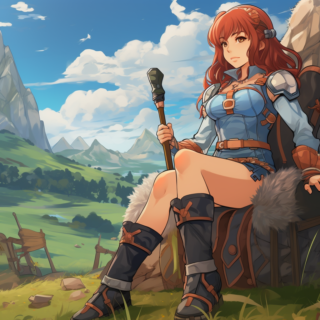 Anime female barbarian relaxing in Studio Ghibli style