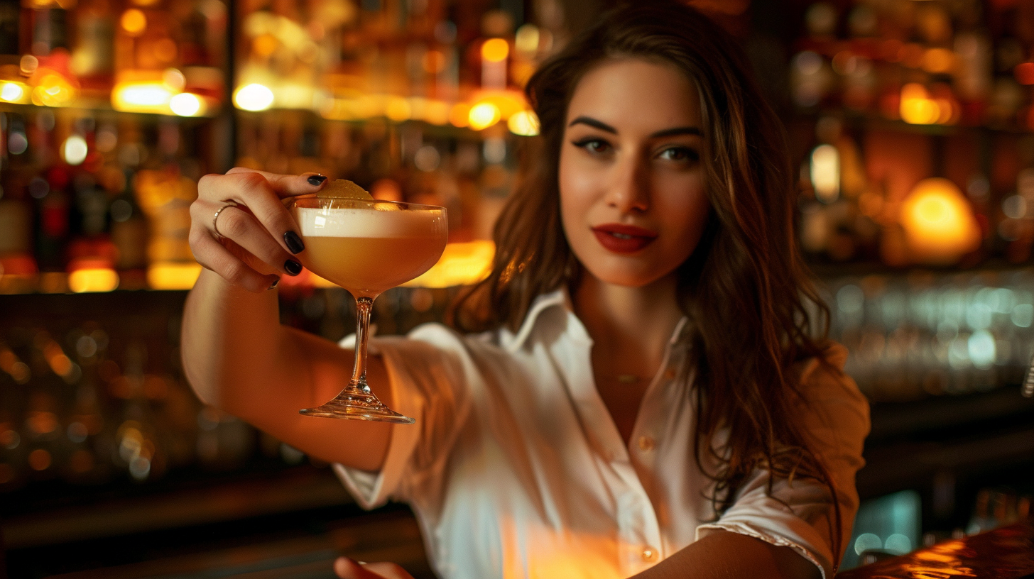 brunette bartender holding whiskey sour cocktail