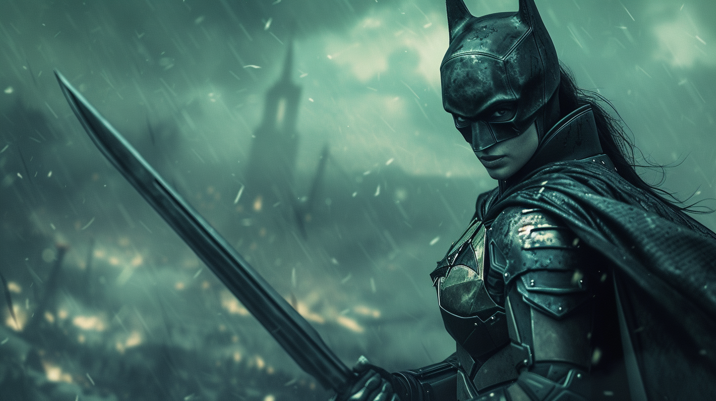 Female Batman in Armor with Long Sword on Battlefield