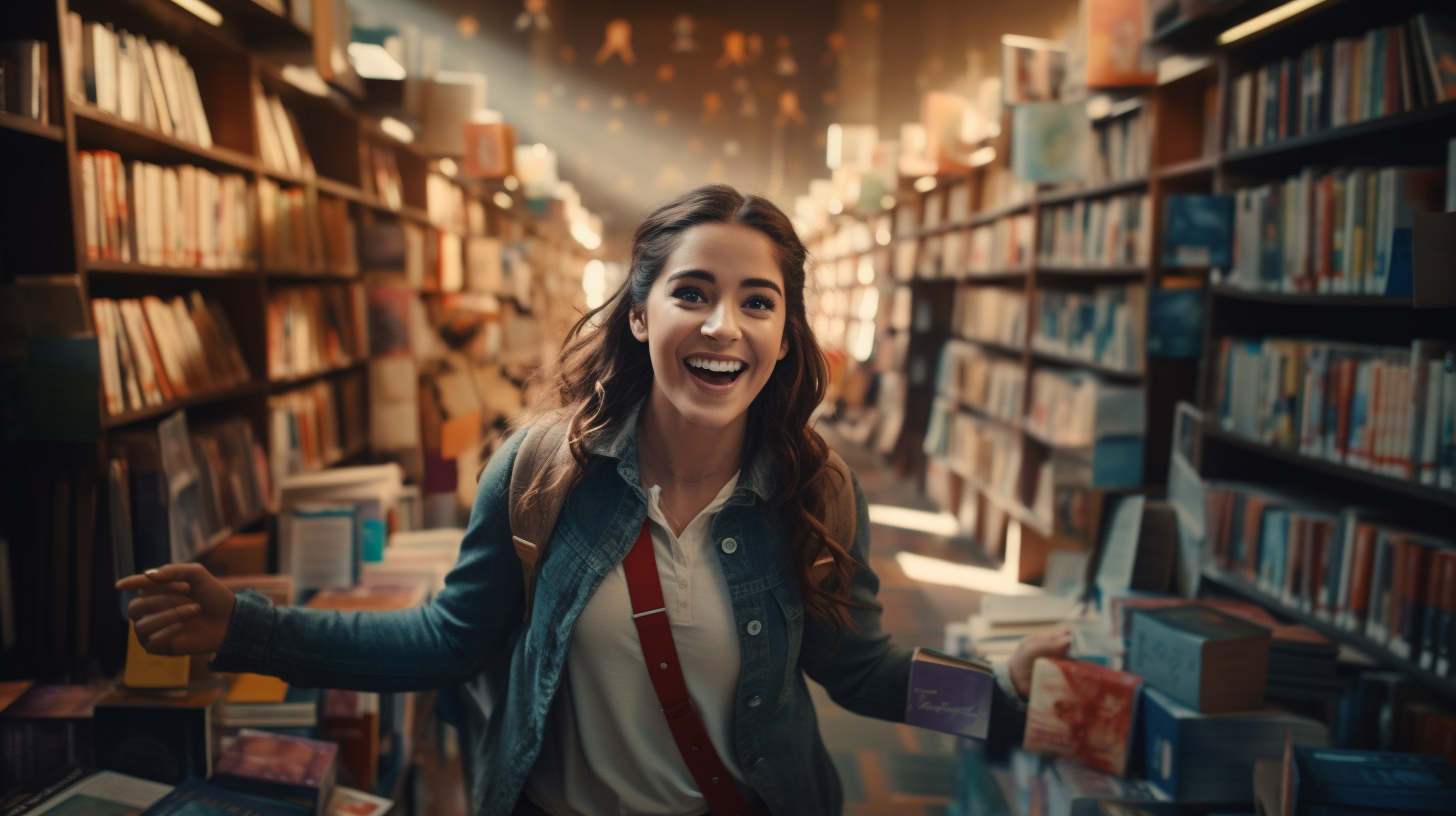 Smiling female bookstore employee with a cart full of books