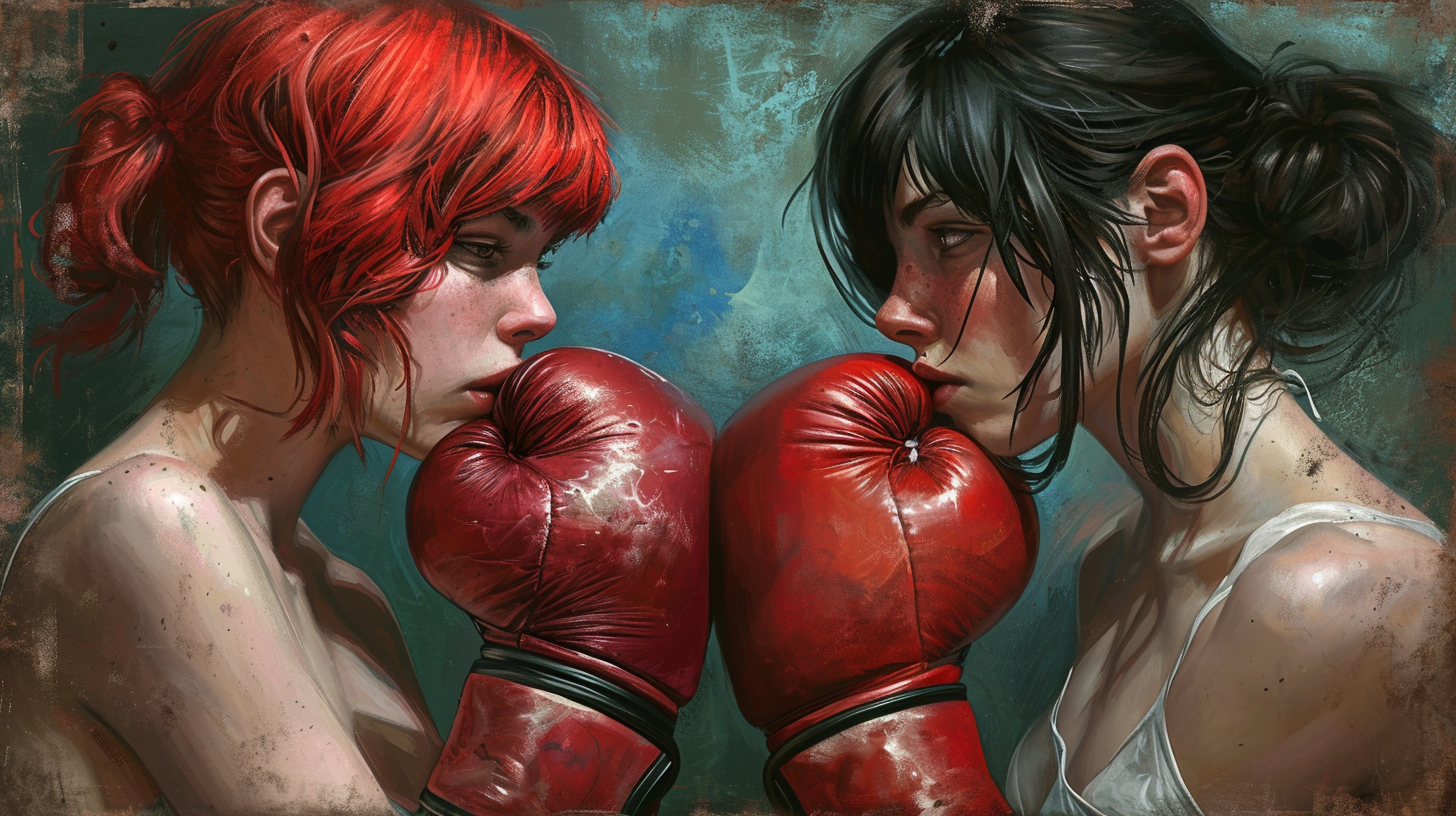 Female boxers with huge gloves in classical portraits