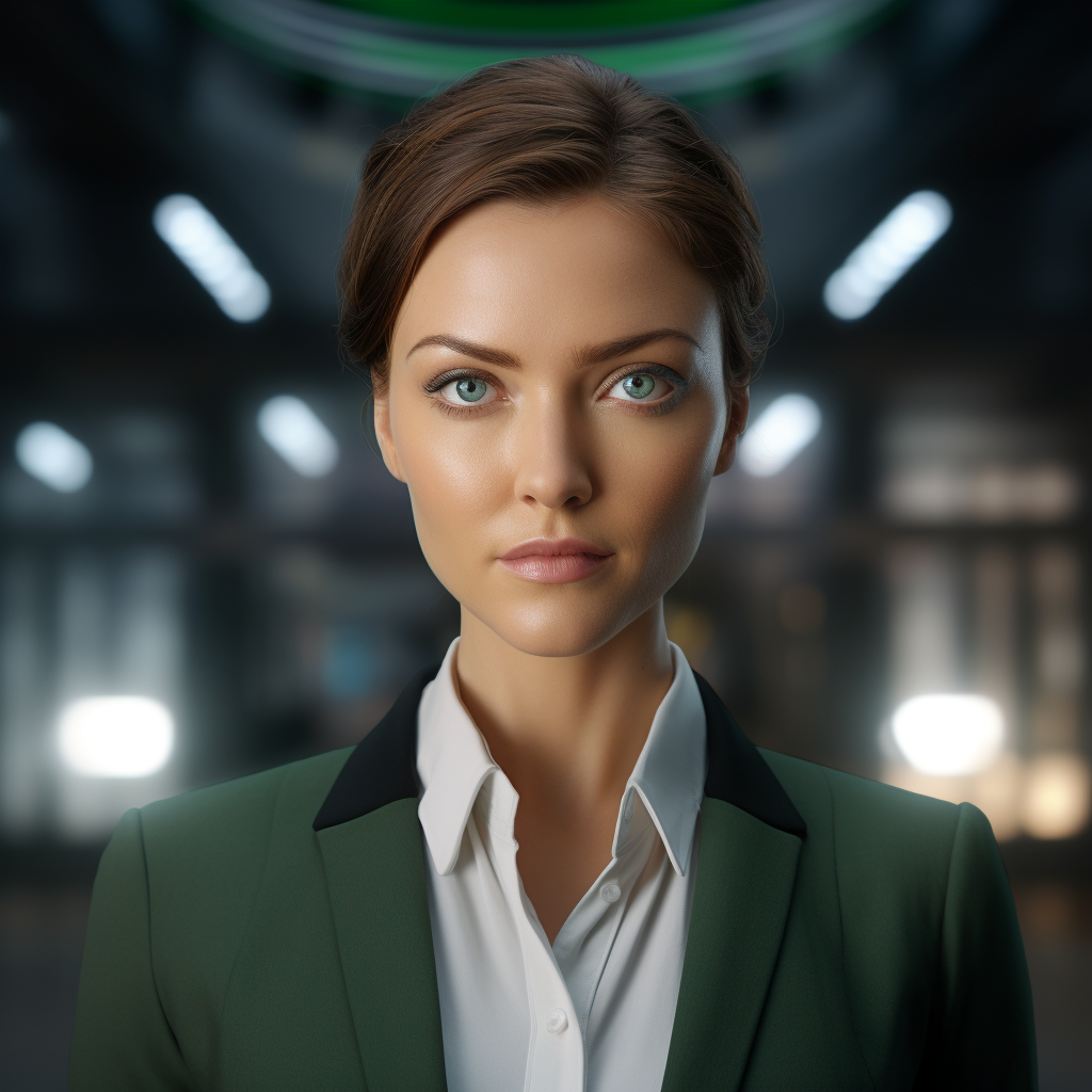 Confident female business leader with green eyes