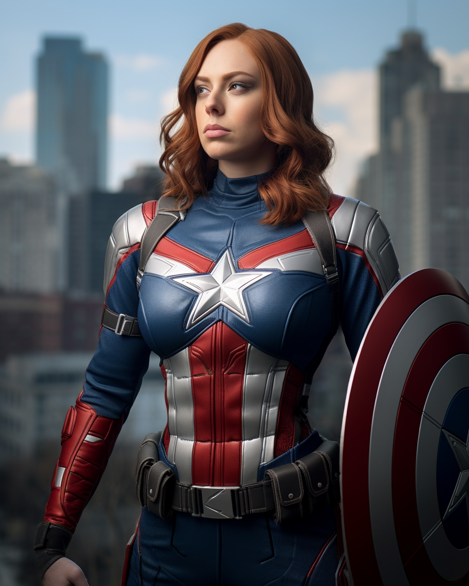 Photo-realistic female Captain America with American flag