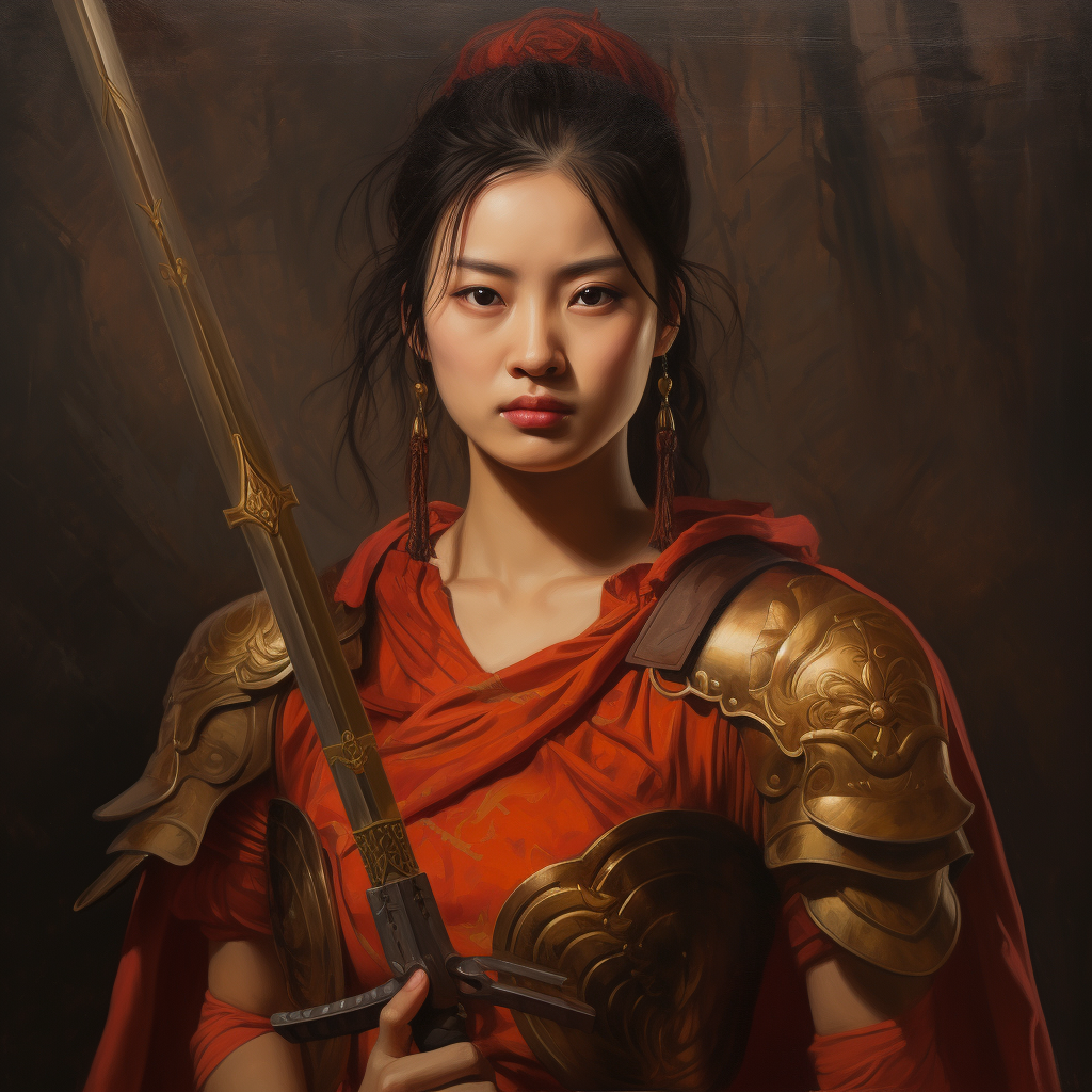 Oil portrait of female Chinese warrior with halberd