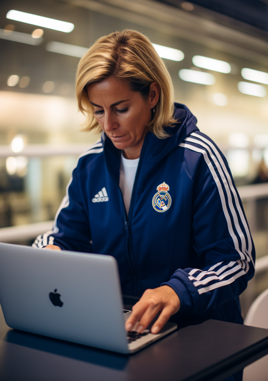 Female coach working on MacBook with Real Madrid attire