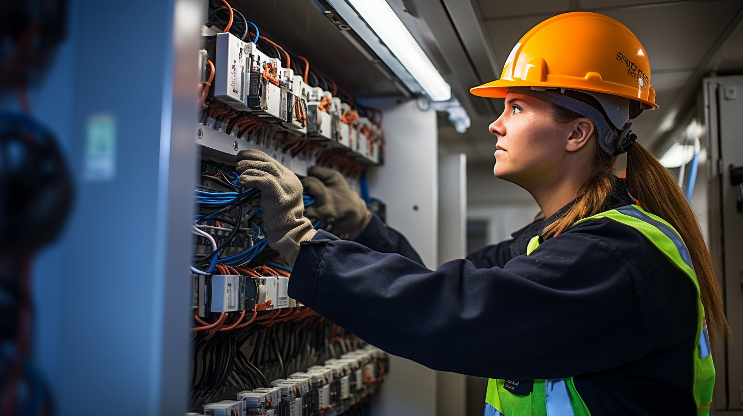 Female electrician working on a fuse box