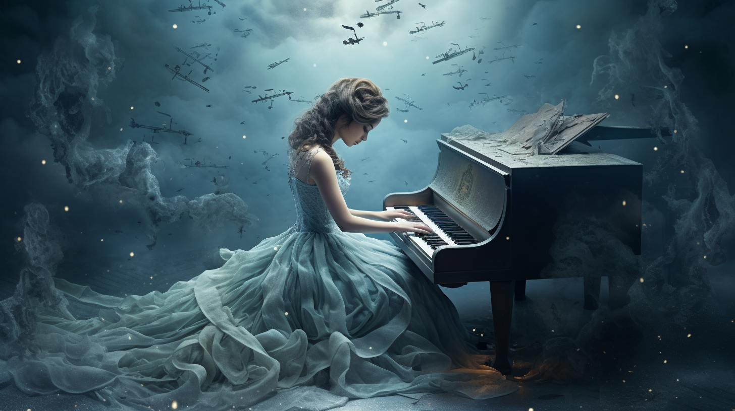 Artistic representation of female composer at piano