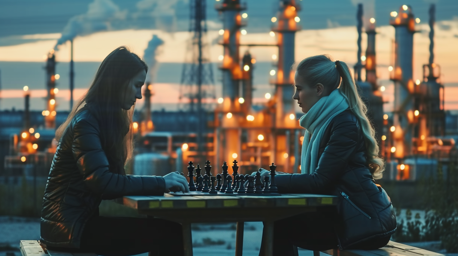 Female computer hackers playing chess at petrochemical facility