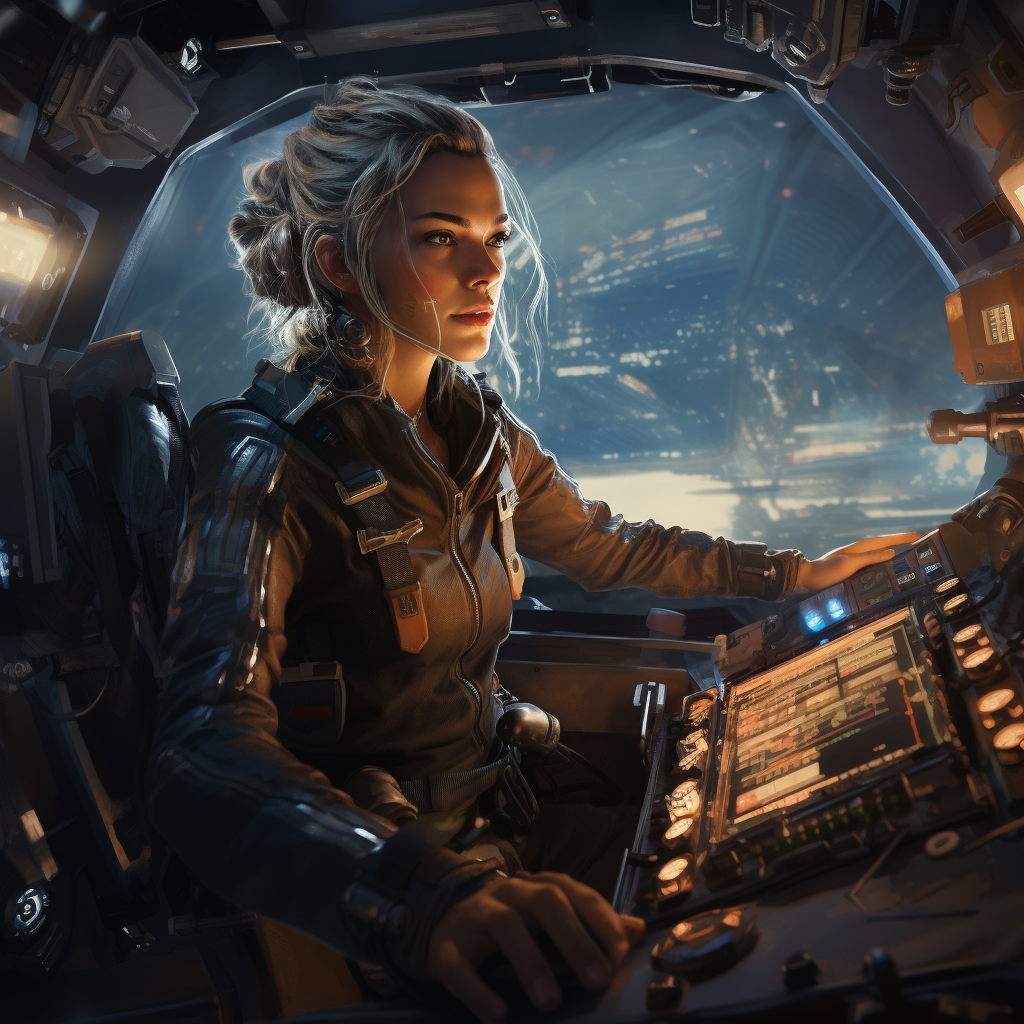 Female cyborg at spaceship controls