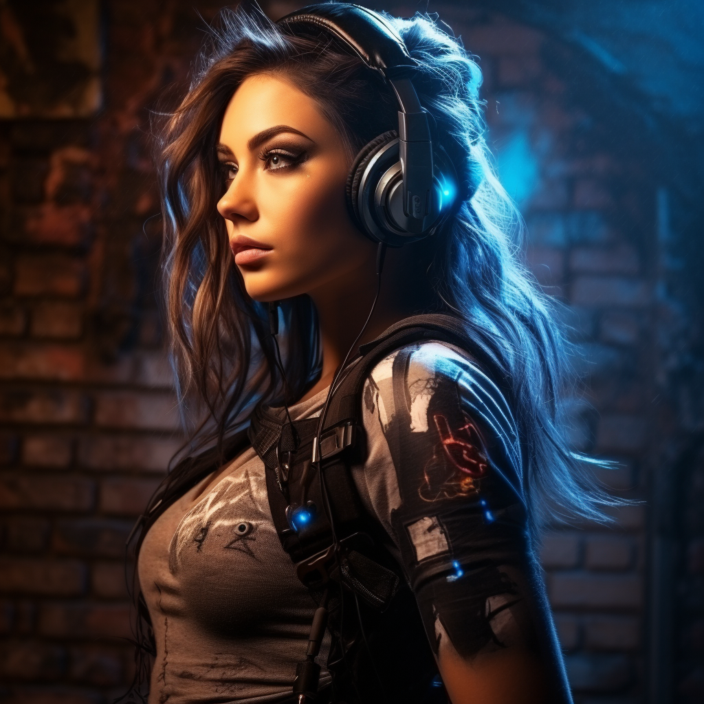 Female cyborg with headphones on dark brick wall