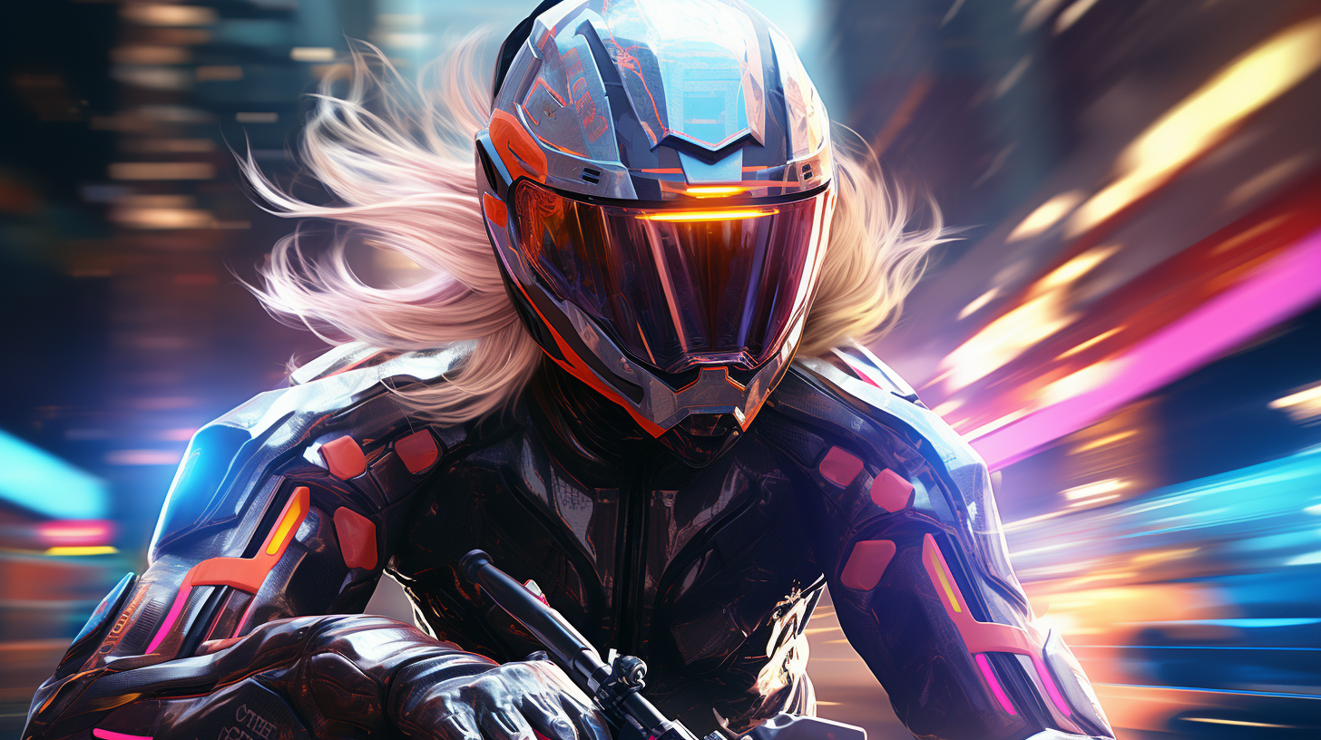 Sleek female cyborg riding futuristic motorcycle