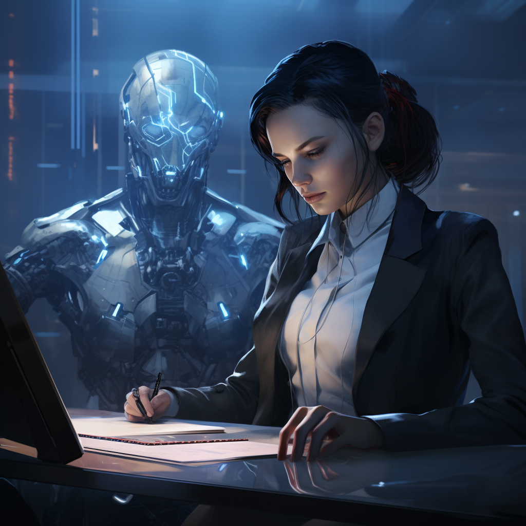 Female cyborg operating cyberpunk control counsel