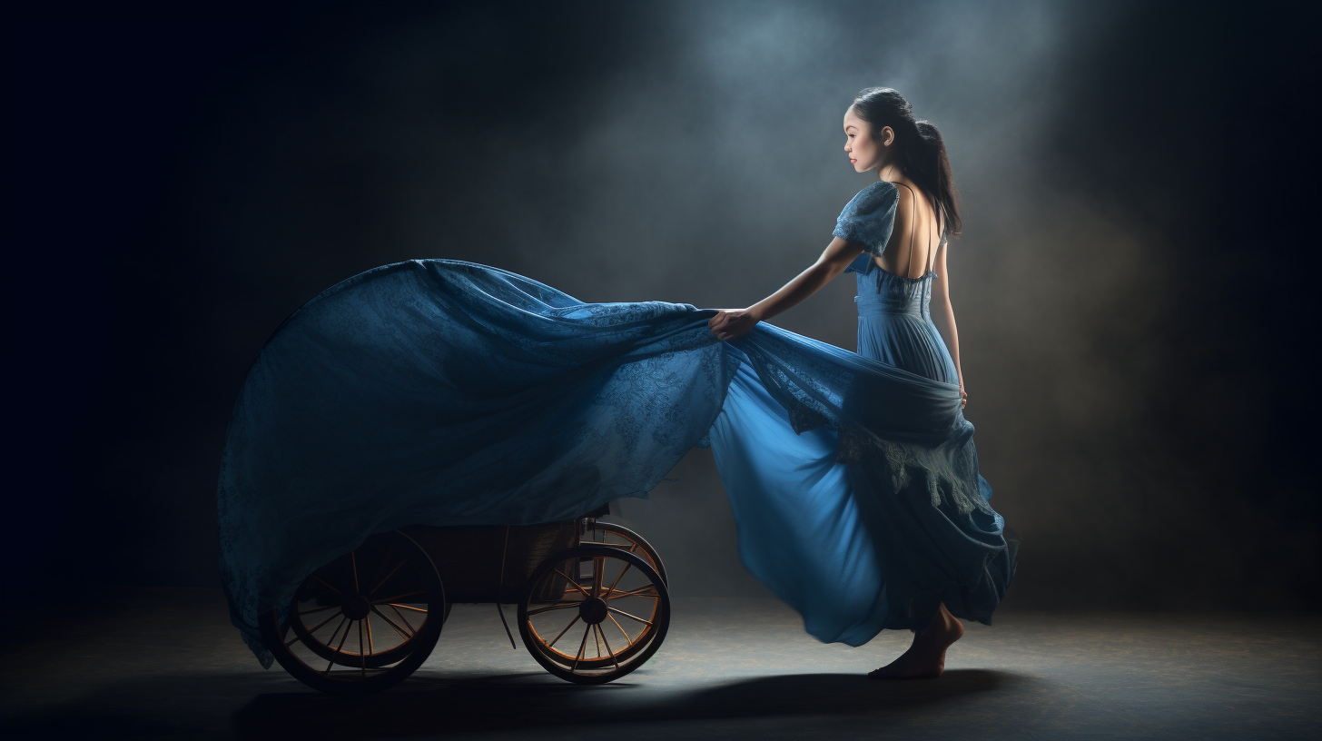 Graceful female dancer pushing stroller on blue silk road