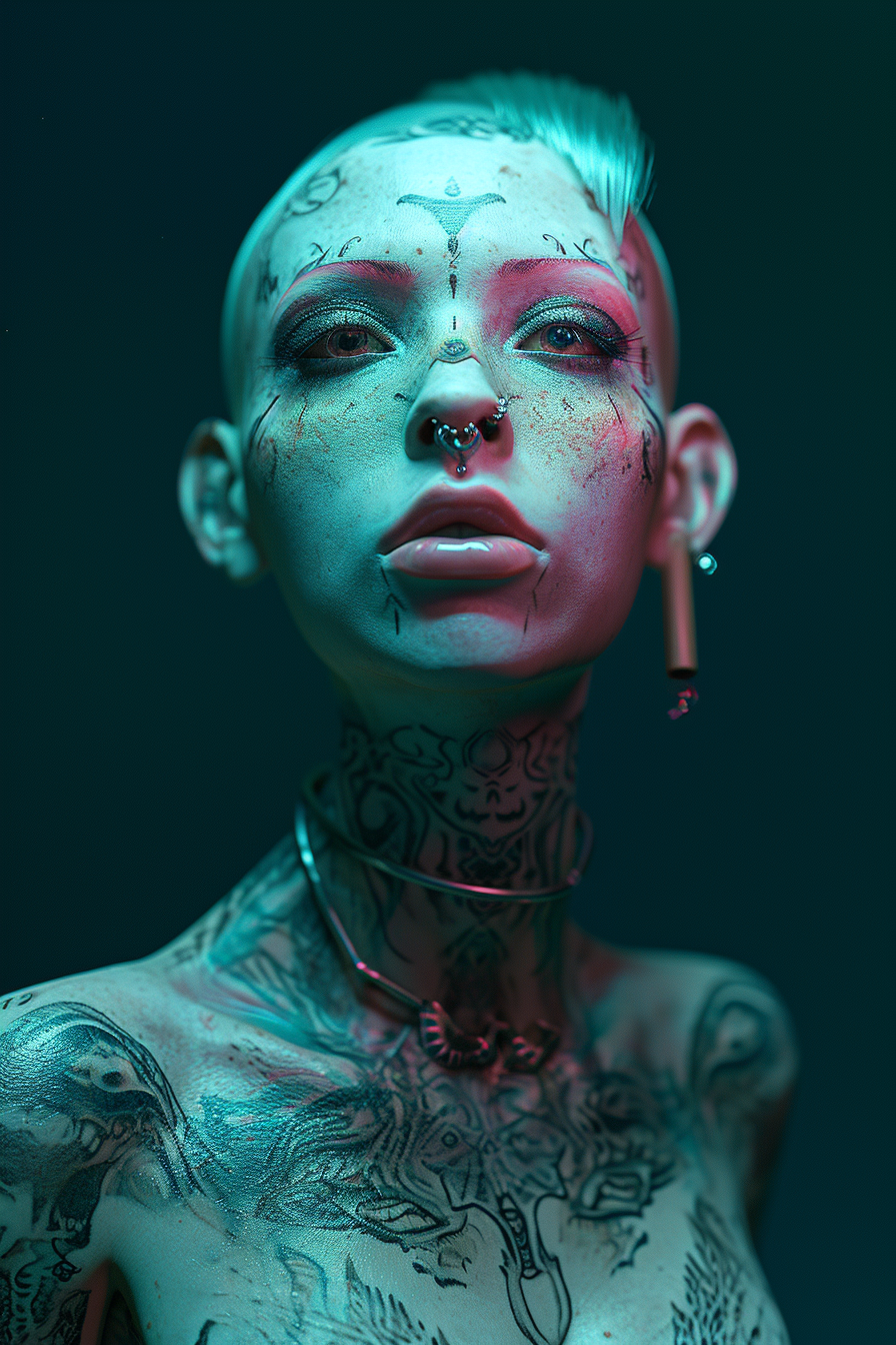 Detailed Female Demon with Metallic Tattoos