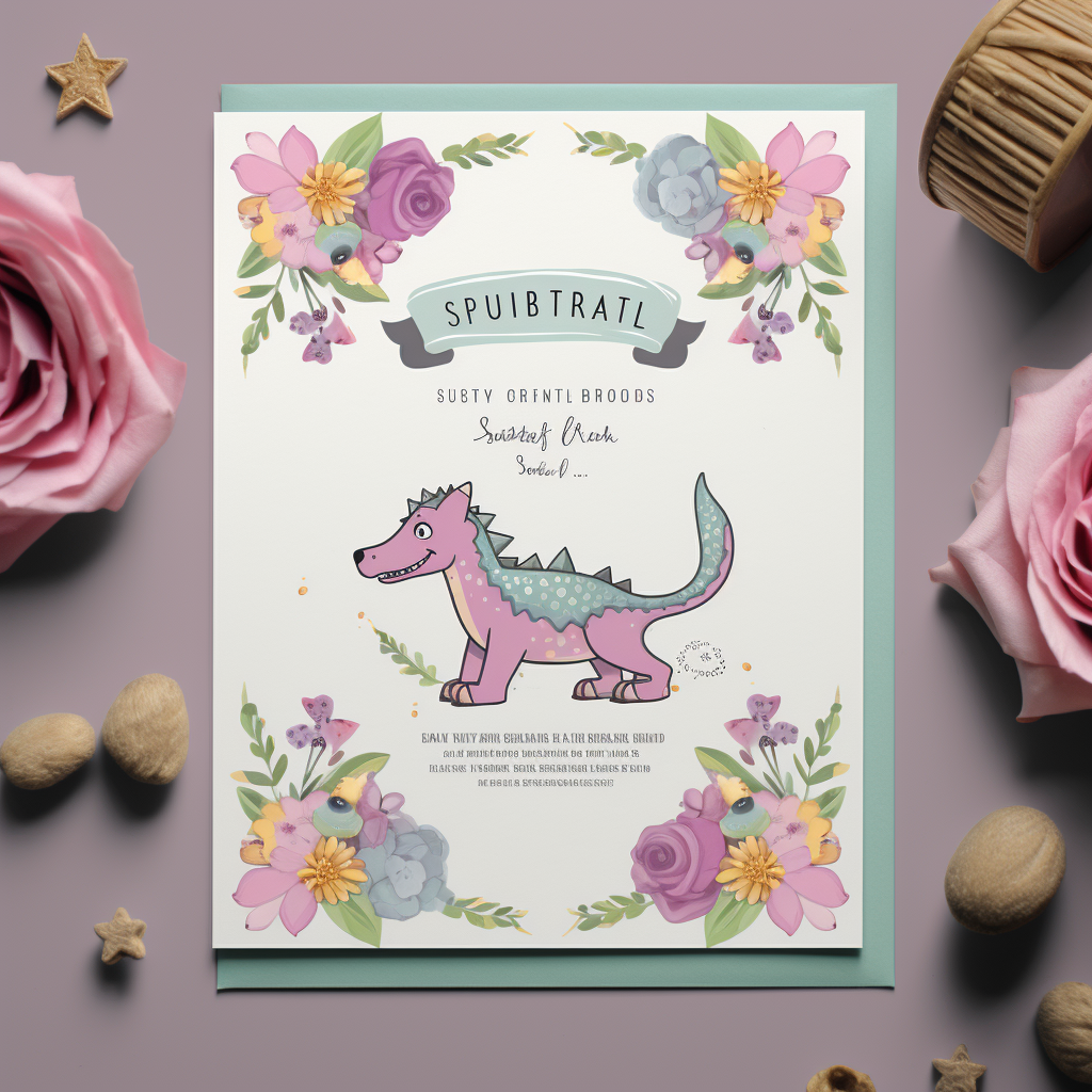 Adorable female dinosaur invitation with flowers