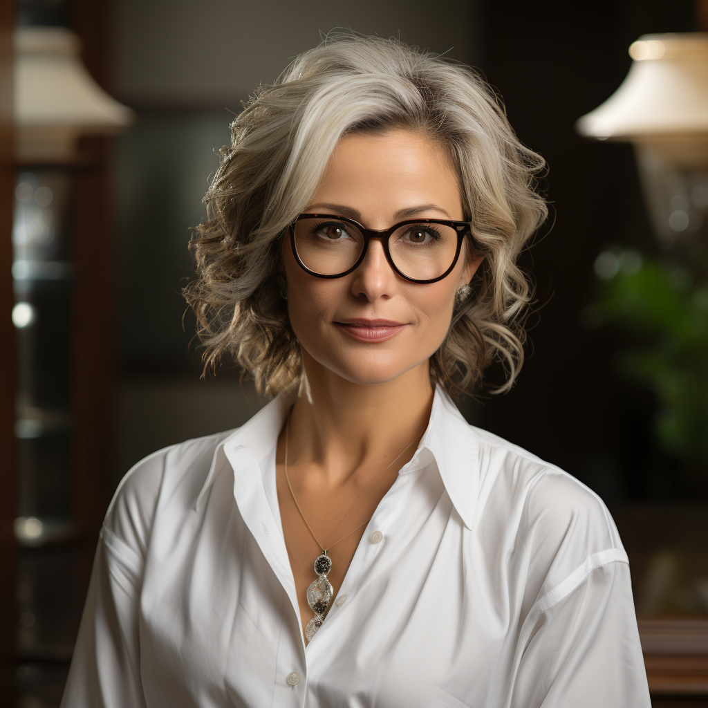 Female doctor in white blouse, age 50