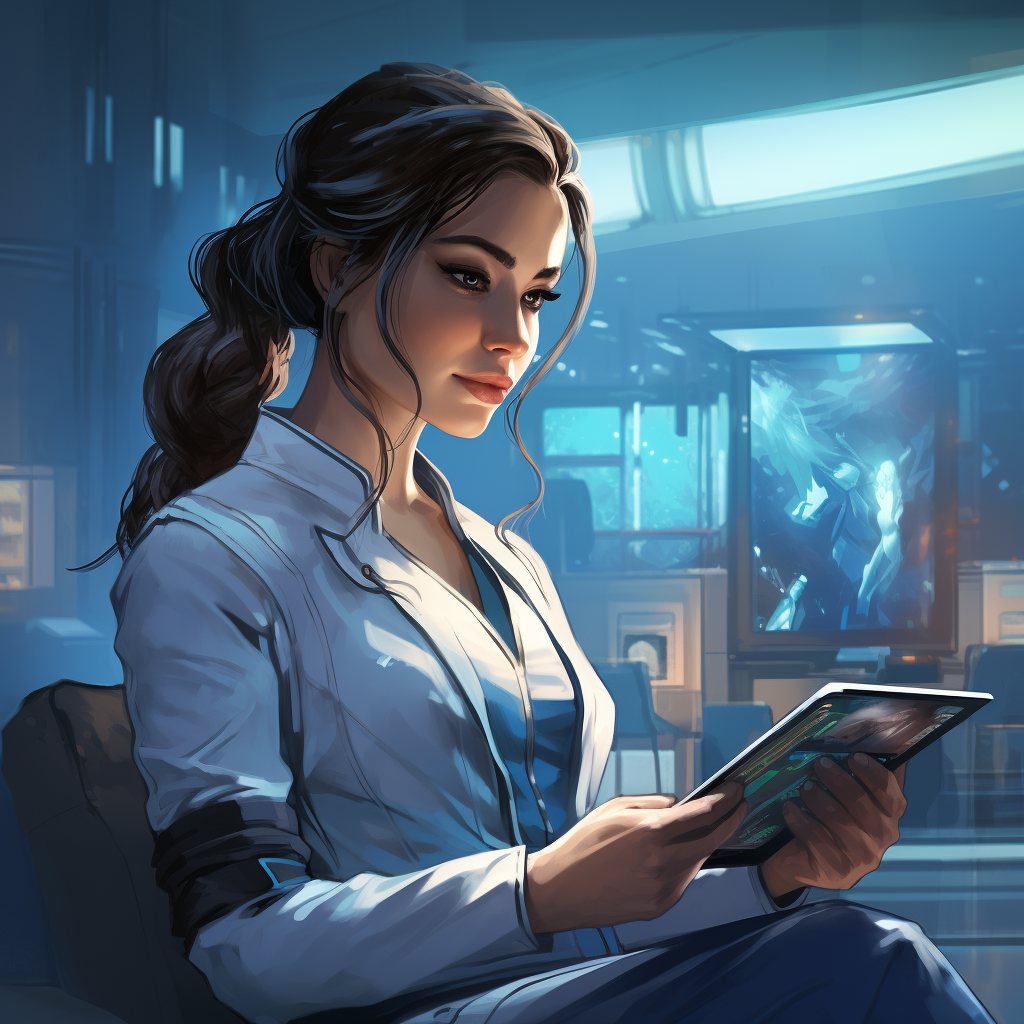 Female doctor studying with electronic pad in 2050