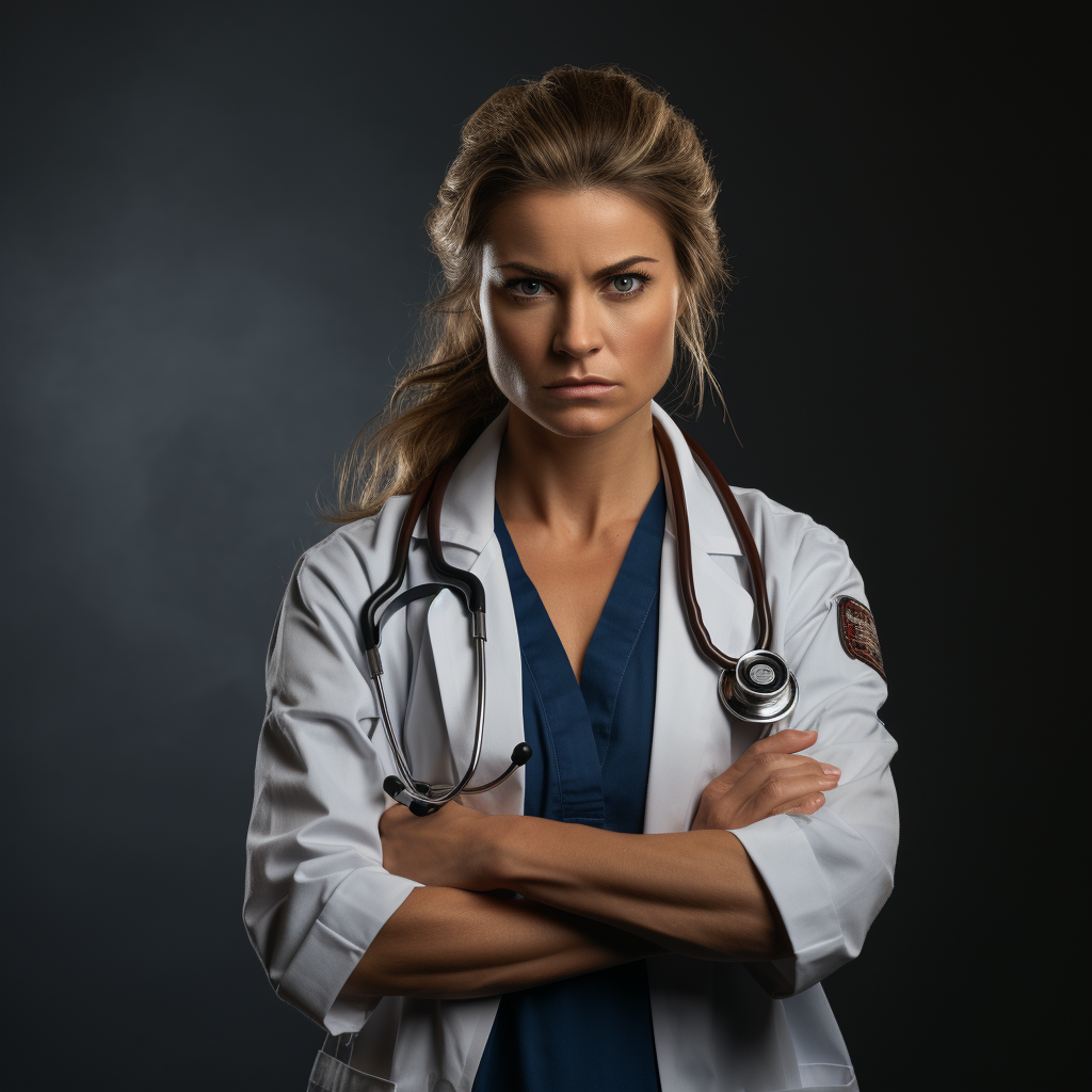 Serious and dramatic female doctor with outstretched fists