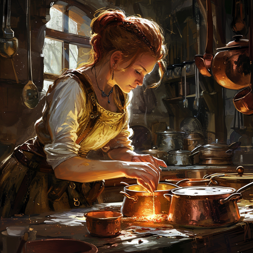 Female dwarf making cookware proudly