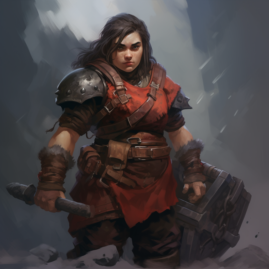 Female dwarf with black hair and a hammer