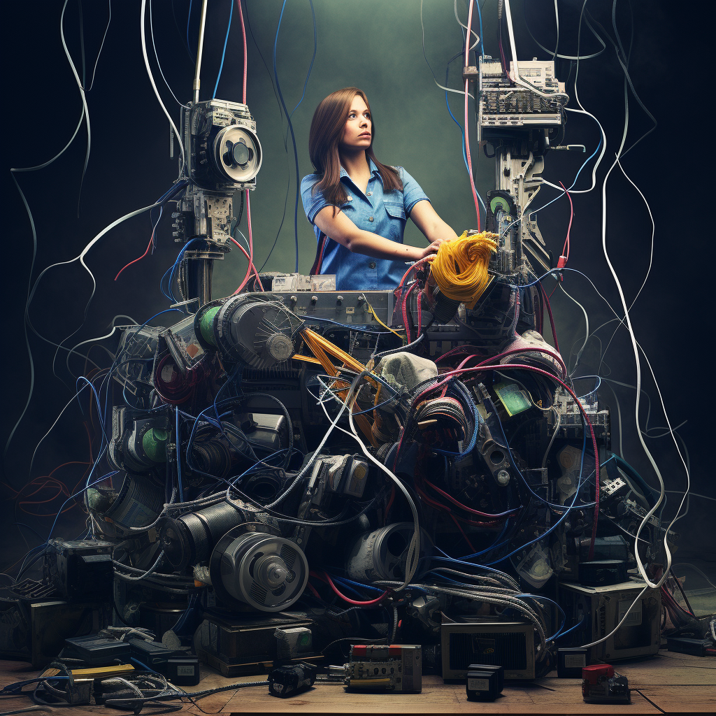 Female engineer building machine with motor and cables