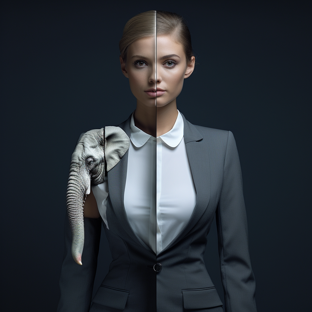 Half female human merged with half elephant in business suit