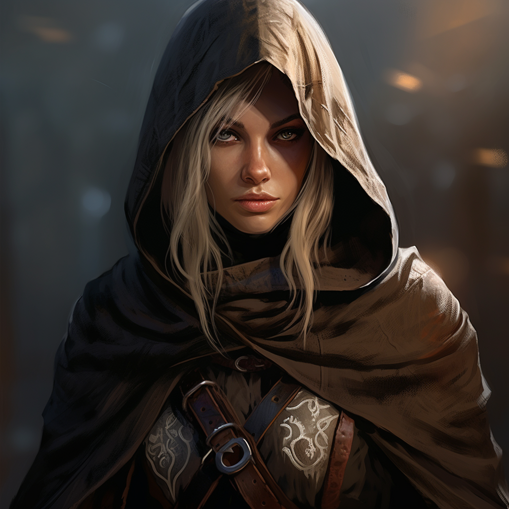 Female elf assassin in leather armor and hooded cloak