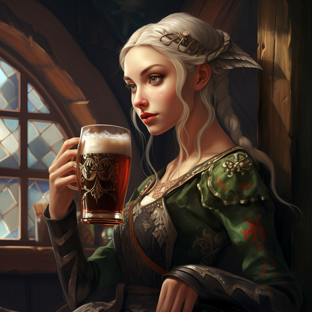 Female elf enjoying a beer