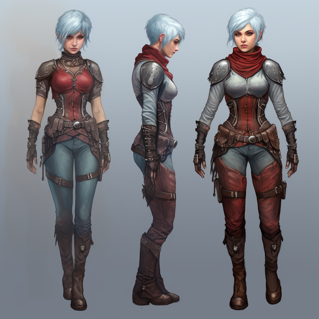 Female elf rogue with short blue hair in red armor