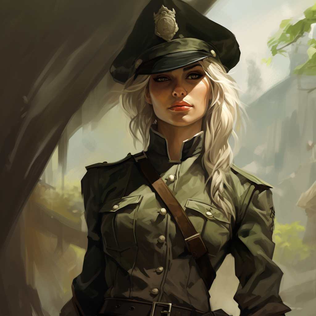 Image of a stern and unflappable female elf sheriff