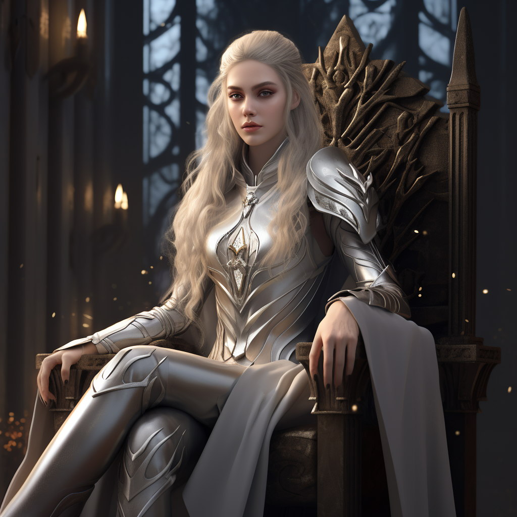 Female Elf in Silver Black Armor on Throne