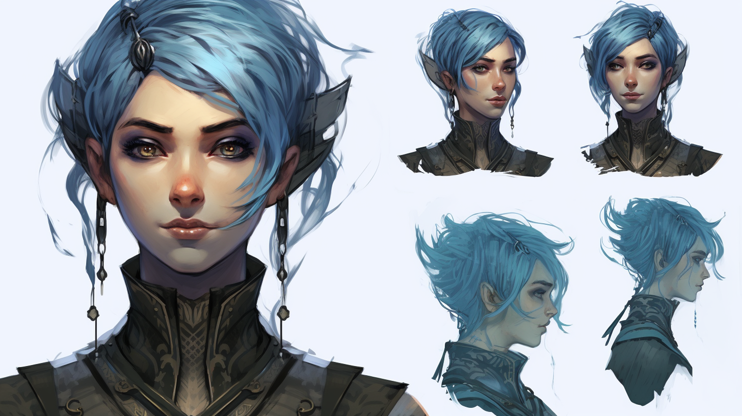 Blue-haired female elf warlock in fantasy art