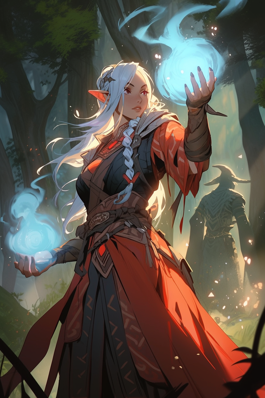 Young female elf warlock casting spell