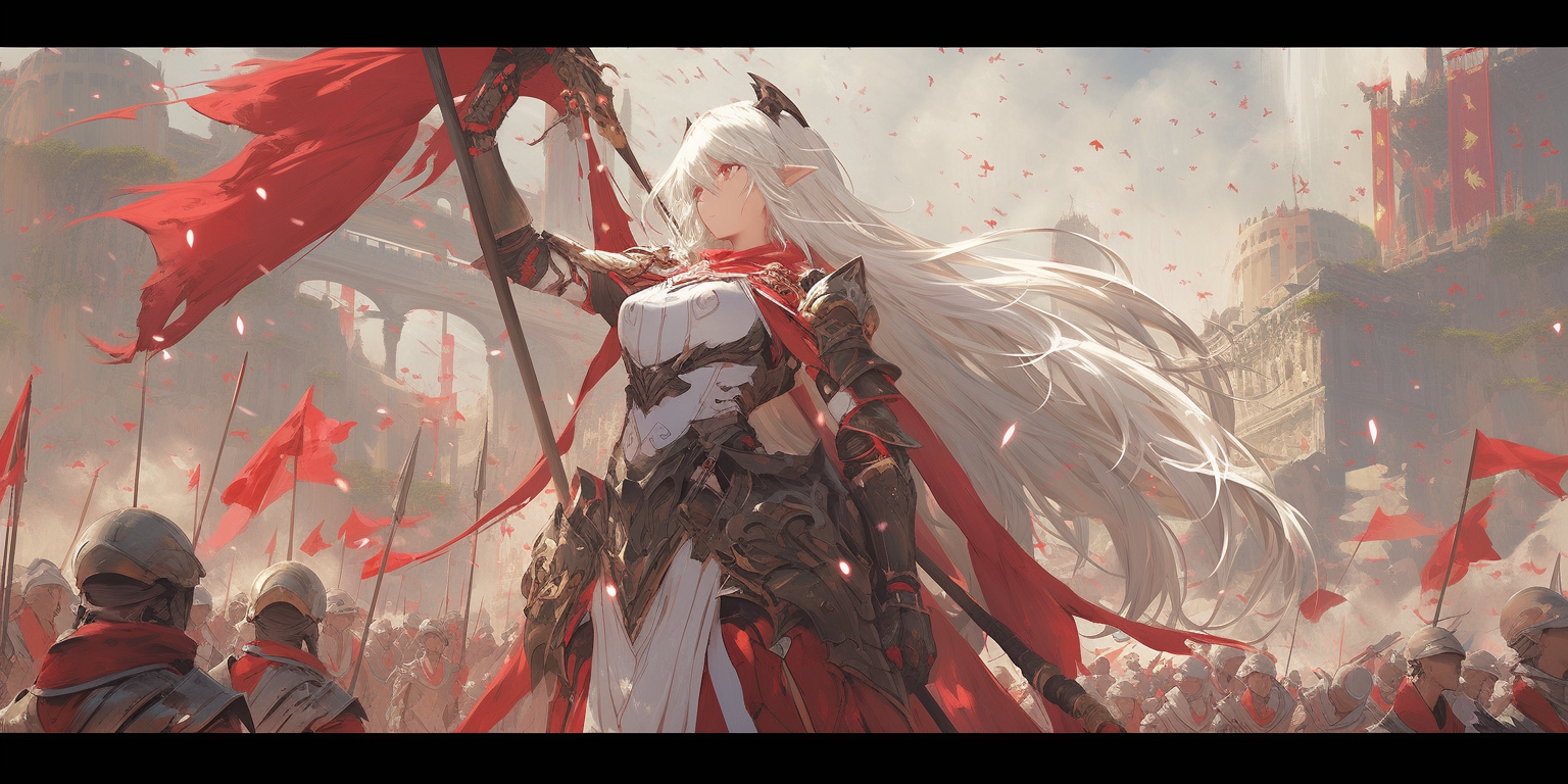 Beautiful female elf in red and white mecha armor