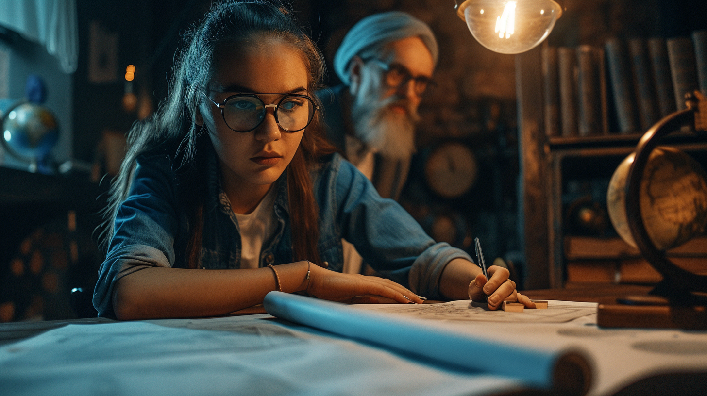 Female engineer with Nostradamus working on model