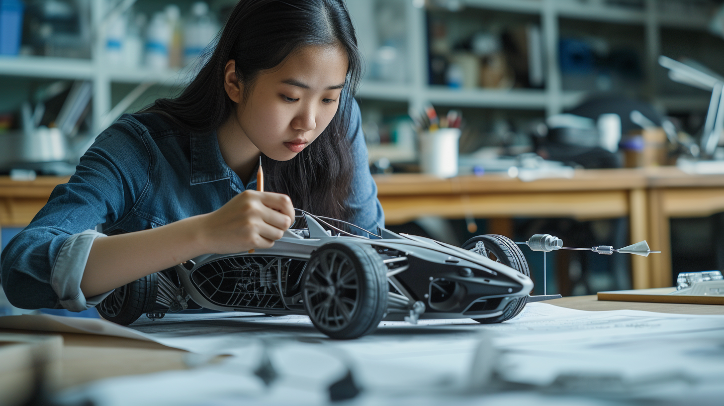 Female Engineer with Fly Car Model