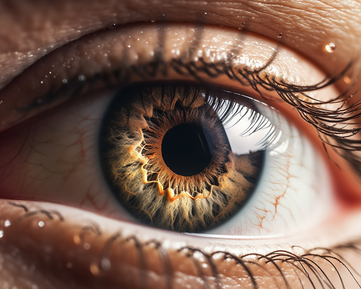 Close-up of female eye with nuclear mushroom reflection