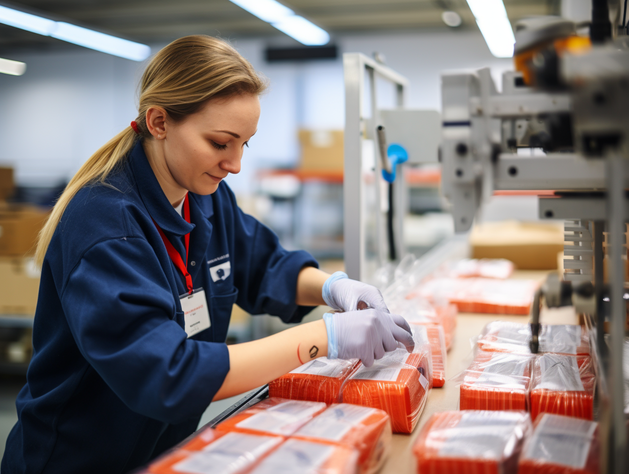 Female factory worker packaging keyrings parcels