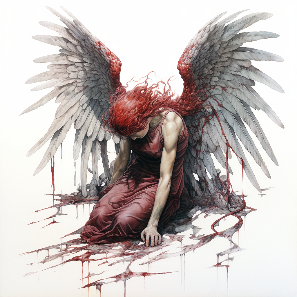 Watercolor of Female Fallen Angel with Red Wings