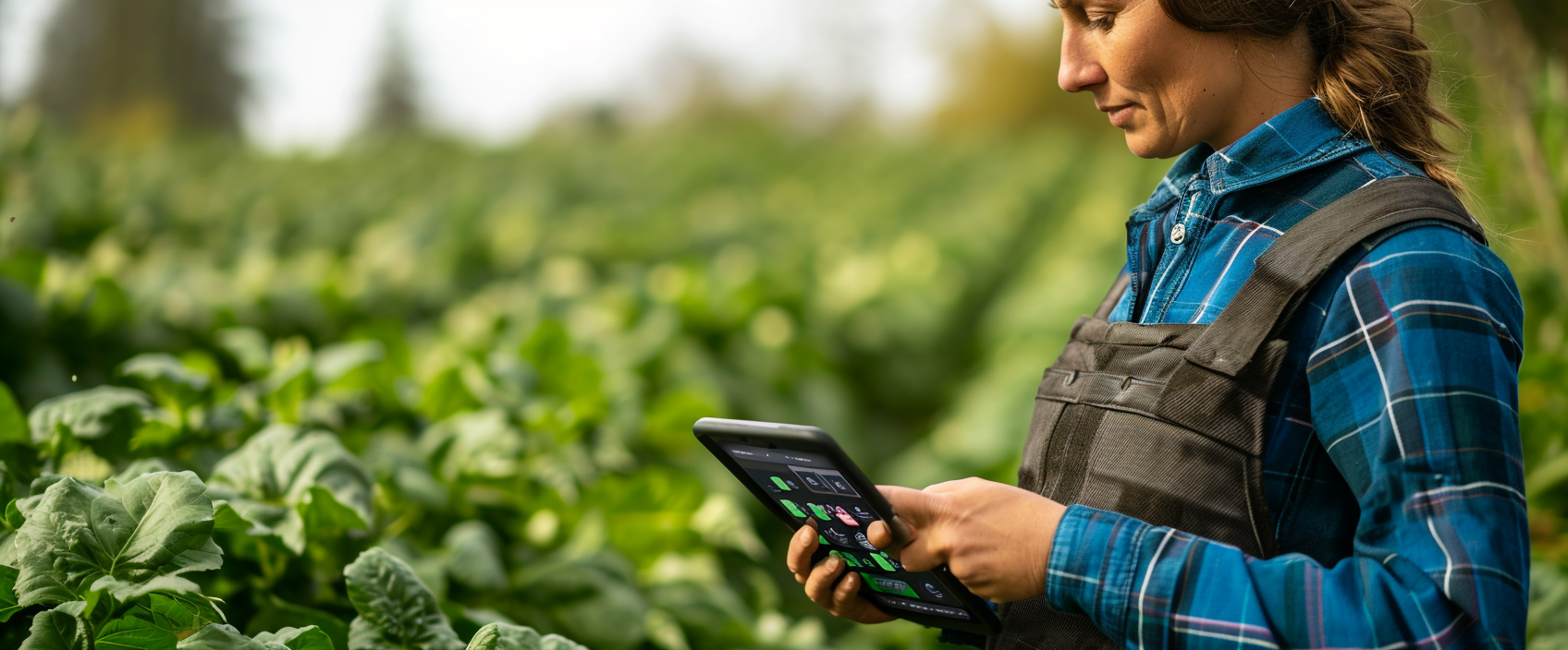 Female farmer using iPad with charts and graphs