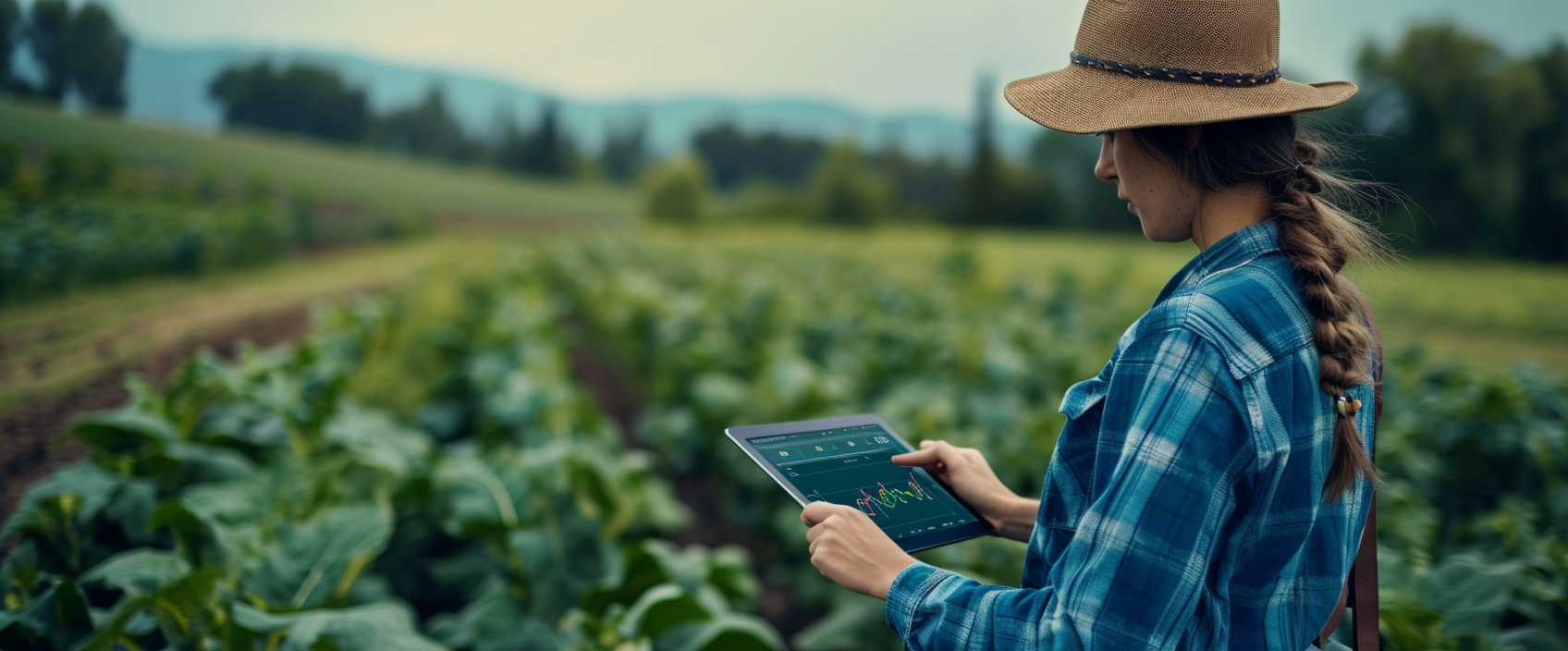 Female farmer using iPad charts