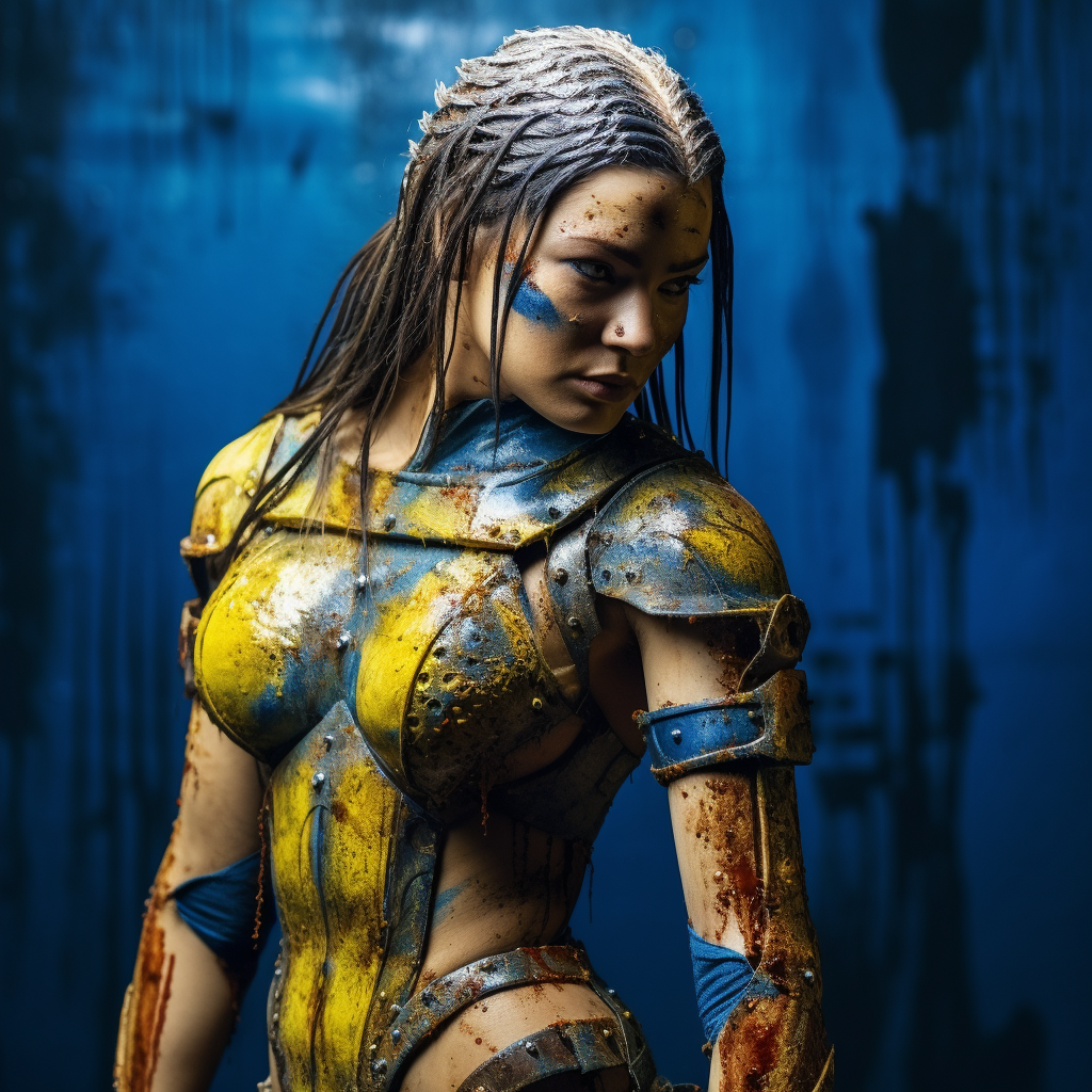 Retro female figure with armadillo-like armour and paint splatters.