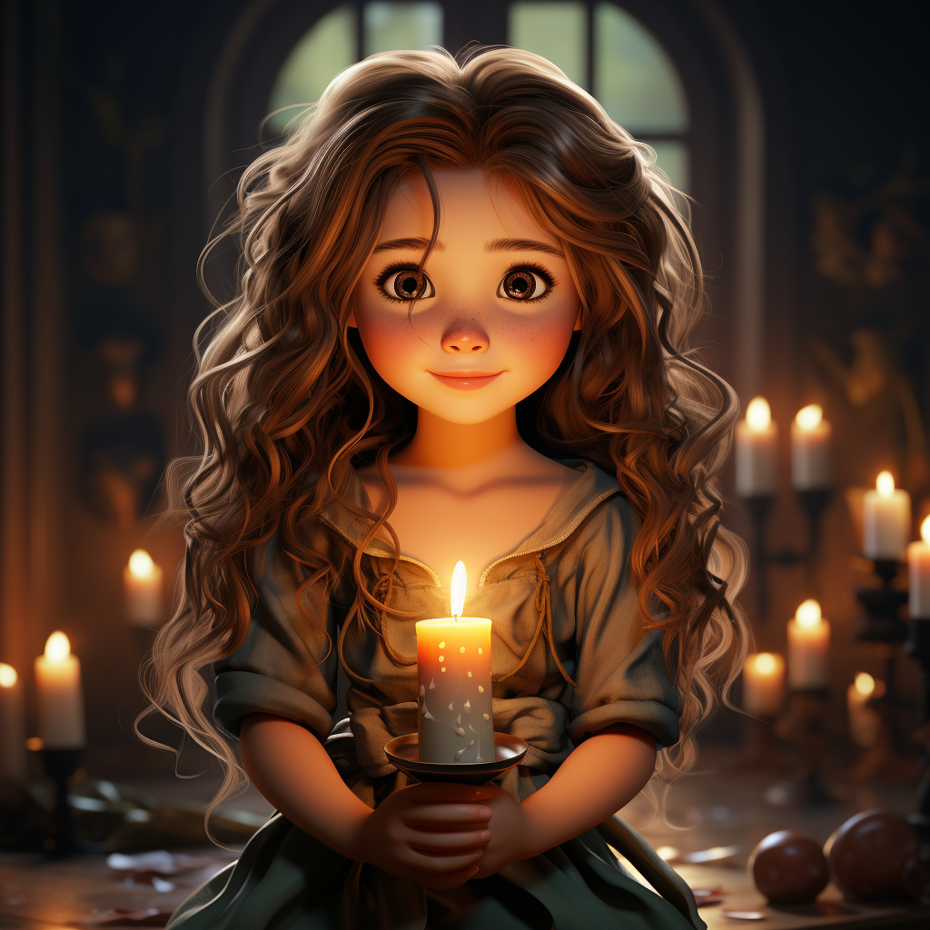 Cartoonish female figure holding a candle