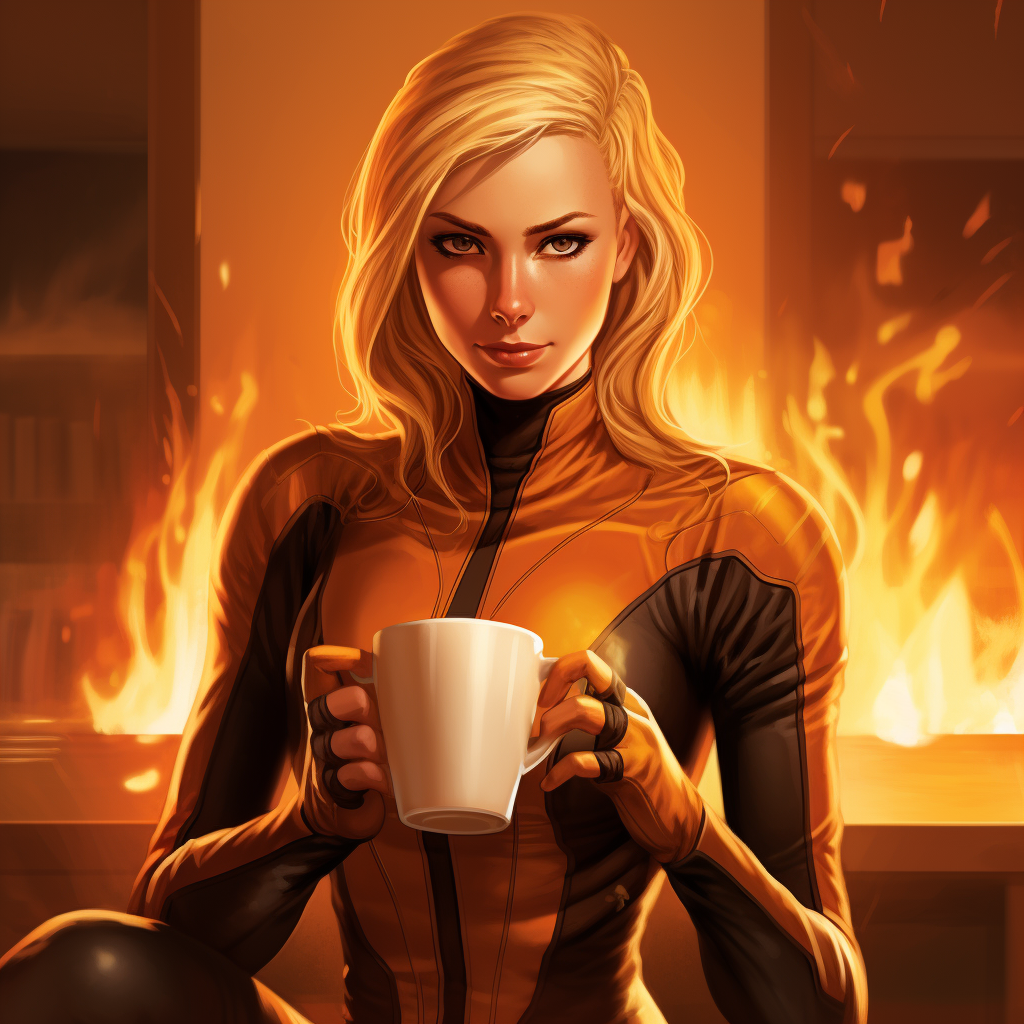 Fire superhero enjoying a coffee