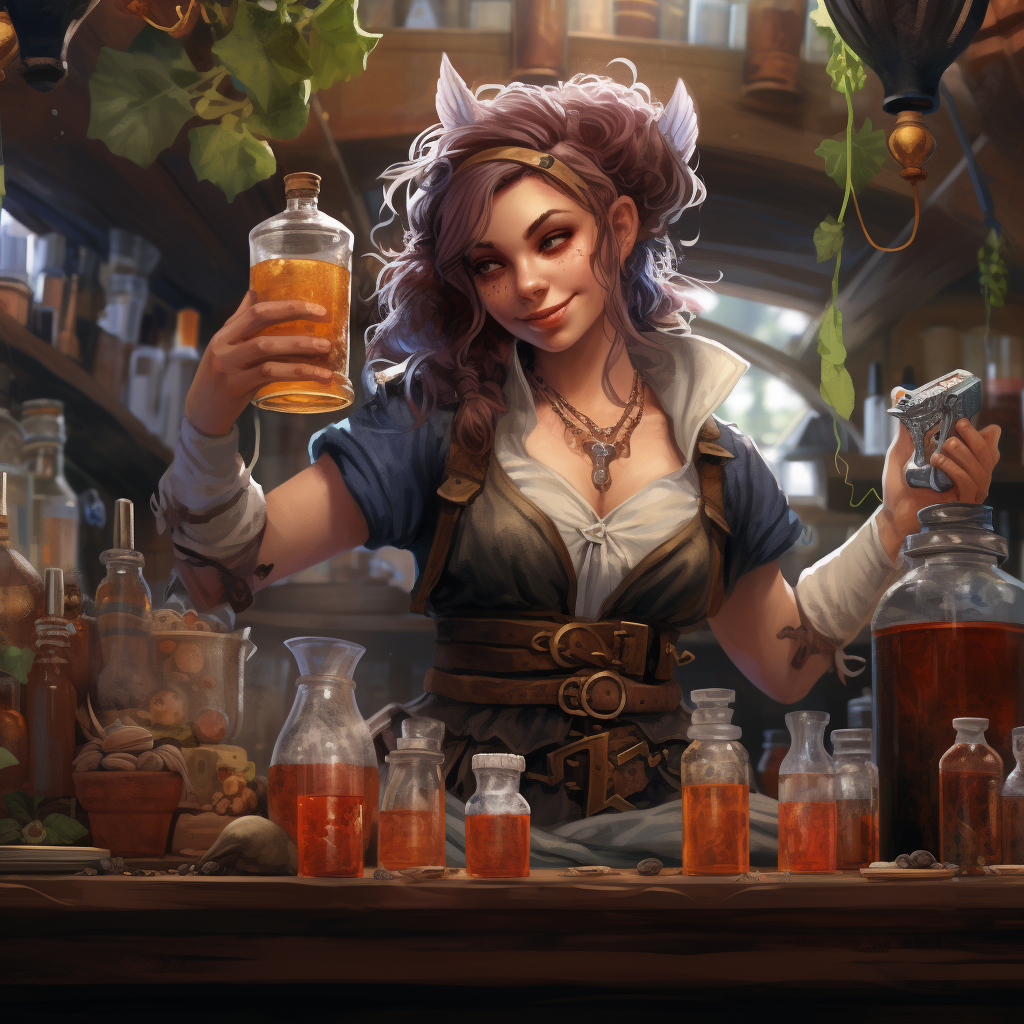 Female gnome bartender serving drinks