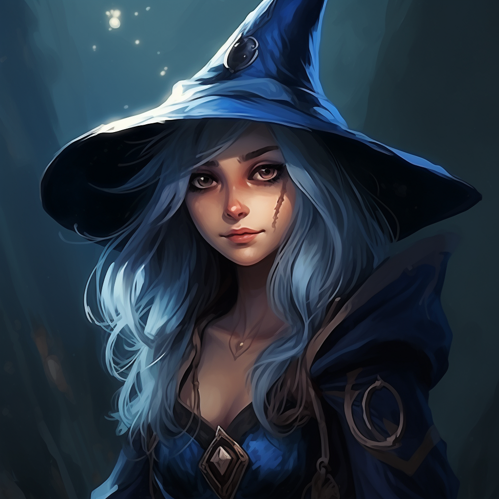 Female gnome mage with blue hair and mischievous smirk